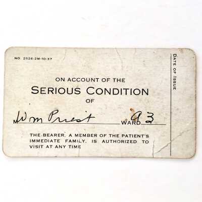 Alameda Hospital Serious Condition Visits Permit Card, c. 1930s