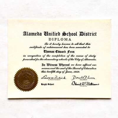 Haight School Diploma awarded to Thomas Edward Fenn, 1959