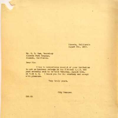 Letter about a swimming competition at Neptune Beach, 1917