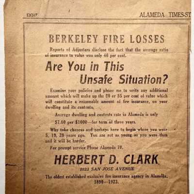 Newspaper Clipping Alameda Times Star Advertisement Herbert D. Clark Insurance, 1923