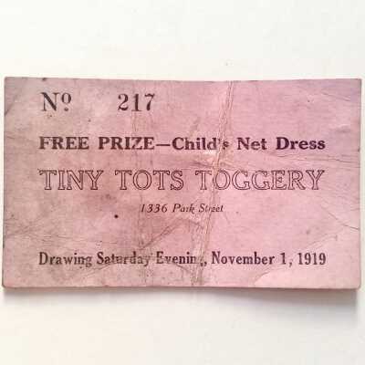 Ticket for a prize drawing at 'The Tiny Tots Toggery', 1919