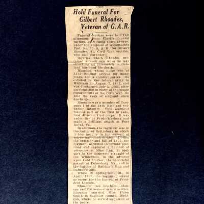 Clipping about Civil War veteran Gilbert Rhoades, 1927