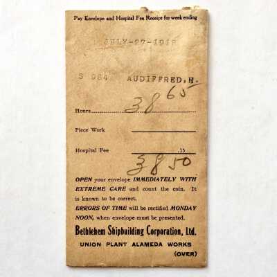 Pay Envelope Bethlehem Shipbuilding Co, for A. Audiffred, 1918