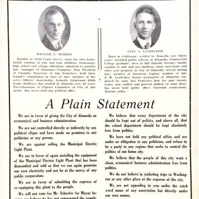 Flyer 'A Plain Statement', Wm F. Murray and Otto A. Leydecker for councilman, 1931