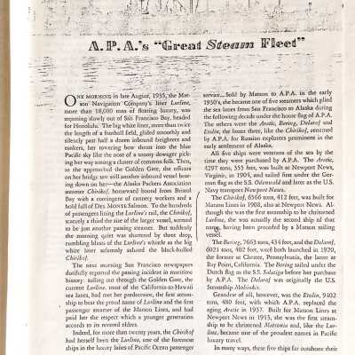 Photocopy of article 'Alaska Packers' Great Steam Fleet', 1965