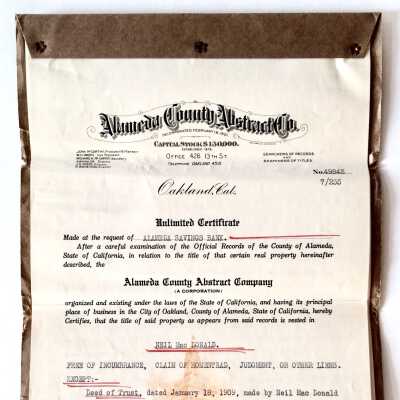 Certificate of Title given to Neil Macdonald for 2066 San Jose Ave, 1909
