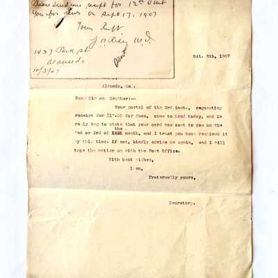 Letter and postal card addressed to Dr. J. A. Riley about a club, 1907