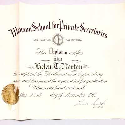 Diploma for shorthand and typewriting of Helen Norton, 1918