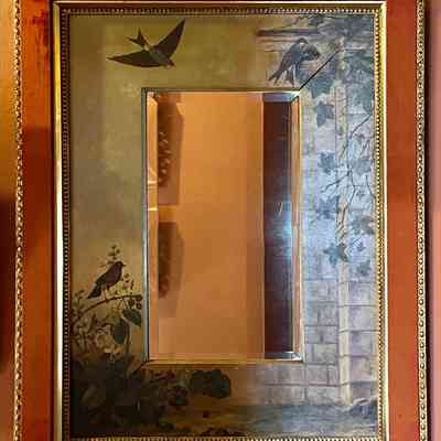 Framed mirror, with hand painted birds, c. 1890