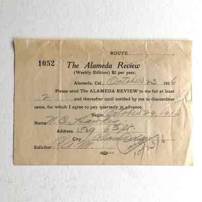 Receipt for the Alameda Review, Weekly Edition, 1916