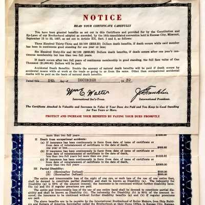 Certificate of the International Brotherhood of BoilerMakers, issued to John Ekberg, 1939