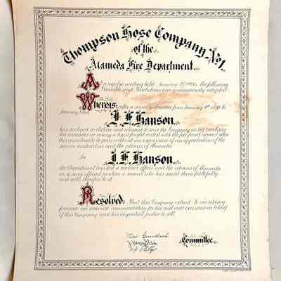 Certificate for serving as foreman Thompson Hose Co. No. 1, awarded John F. Hanson, 1899