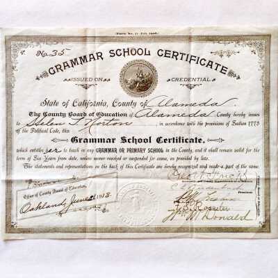 Grammar school certificate of teaching credential of Helen Norton, 1913