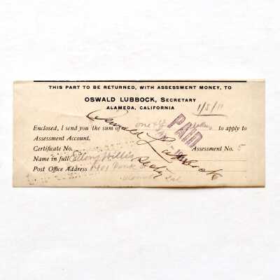 Receipt of assessment to E. Willis, by Mutual Benefit Ass. of Masons, c. 1911