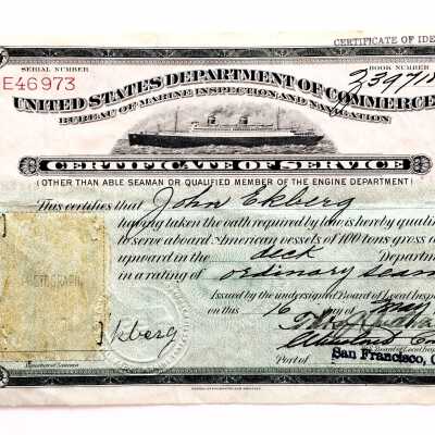 Certificate of Service awarded to John Ekberg, 1938