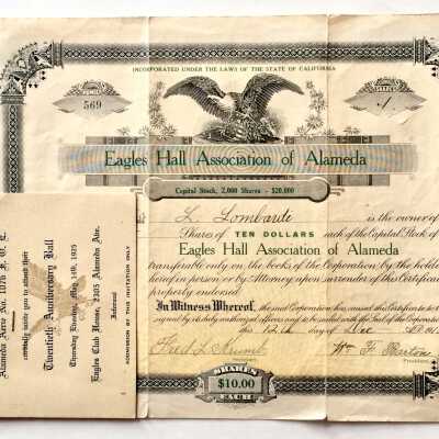Certificate of Shares, Capital Stock Eagles Hall Association, 1918