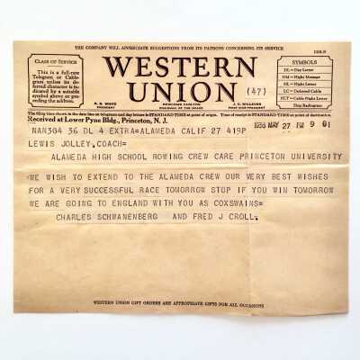 Western Union Telegram to Coach Jolley from Fred J. Croll, 1938