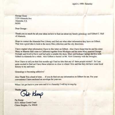 Letter with biographical information about Gilbert c. Hall, 1998
