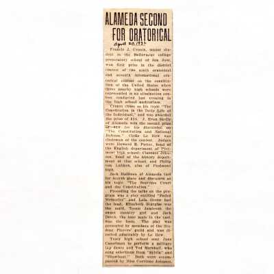 Newpaper Clipping, Alameda second for oratorical, 1932