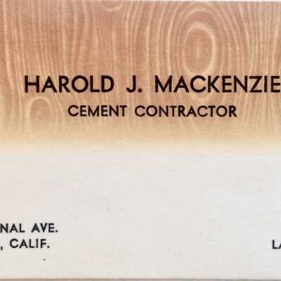 Business calling card of Harold I. Mackenzie, Cement Contractor, prior to 1970