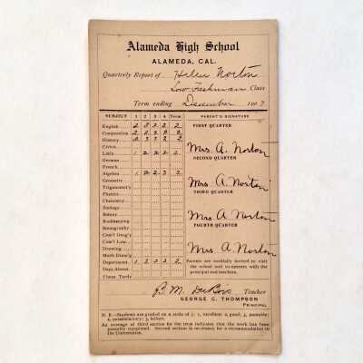 Report card Alameda High School of Helen Norton, December 1907