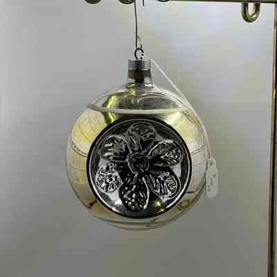 Silver, Yellow, and Blue Spherical Ornament with Two Dahlia Flower Recess Glass Christmas Ornament, c. 1980s