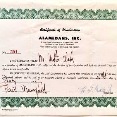Alamedans, Inc. Membership Certificate of Walter Clark