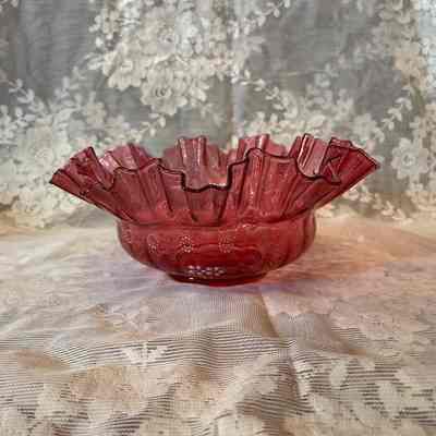 Bridal Basket cranberry bowl with enameled flowers in white and gold, c. 1900