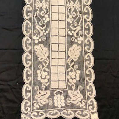 Crochet Ecru Lace Table Runner with border of grapes and leaves, c. 1920s