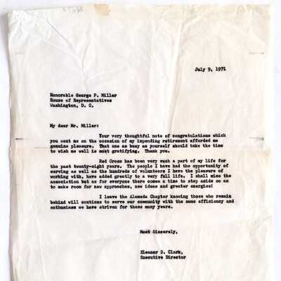 Letter from Eleanor D. Clark, acknowledging letter from House of Representatives, 1971