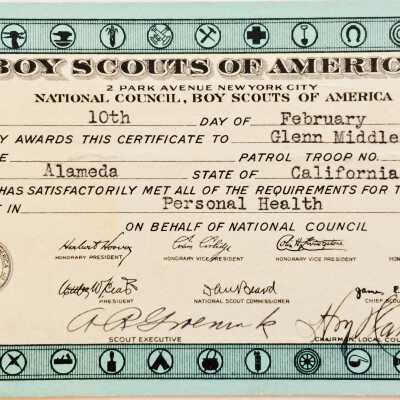 Boy Scout Certificate of merit, towards Personal Health badge, 1933