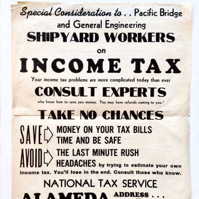 Flyer 'Shipyard Workers' issued by the National Tax Service, 1942-1943
