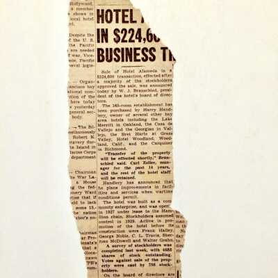 Newspaper clipping about Sale of Hotel Alameda, between 1928 and 1956