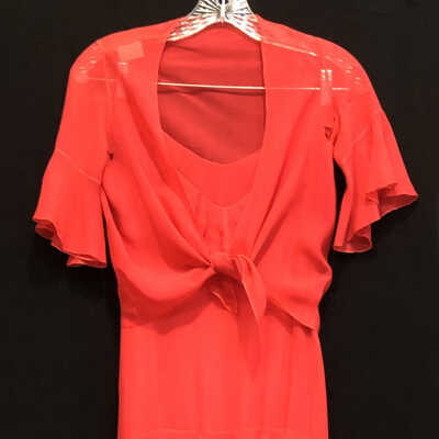 Red Georgette sleeveless dress with ruffles and short-sleeved bolero jacket, 1933s