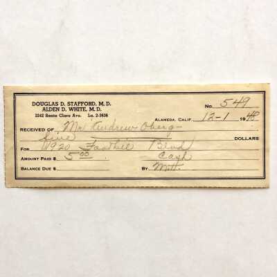 Receipt issued by D. D. Stafford for services rendered by A.W. Oberg, 1948
