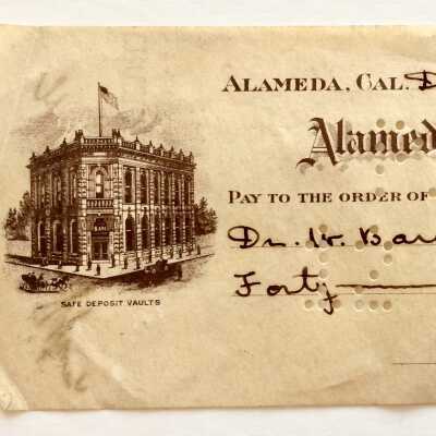 Cancelled check of the Alameda National Bank, made out to Dr. Stephens, 1918