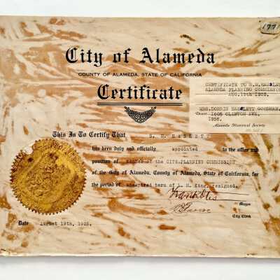 Certificate awarded S.M. Haslett as member City Planning Commission, 1925