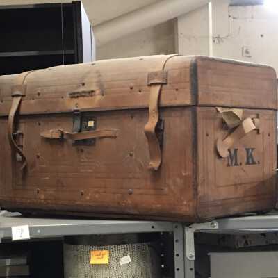 Crouch & Fitzgerald trunk covered in leather with blue paper liners, c. 1860s