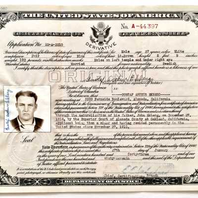 Certificate of Citizenship for Gustaf Arthur Ekberg, 1943