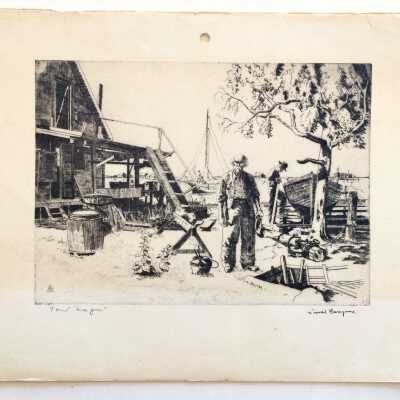 Replication of signed etching and ad for Fowler Anderson, 1960s