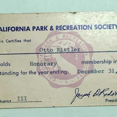 Honorary Membership card for California Park and Recreation Society of Otto Rittler, 1970