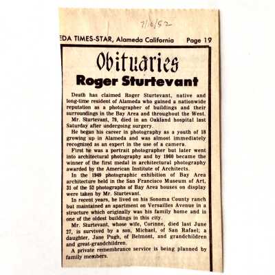 Obituary of Roger Sturtevant, architectural photographer, 1982