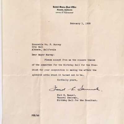 Letter from Postmaster Ford E. Samuel to Mayor William F. Murray, 1935