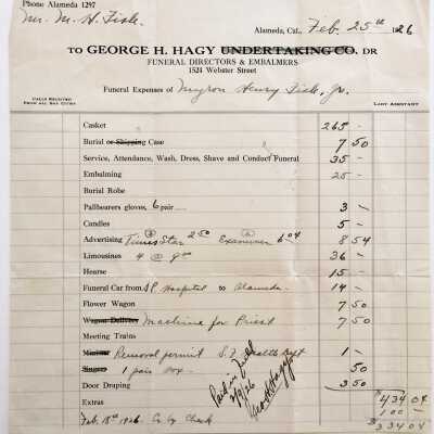 Receipt Funeral expenses Myron Henry Fish, 1926