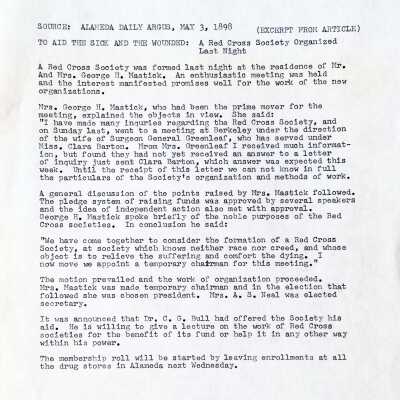 Typed copy of a newspaper article about the Red Cross Branch, 1898