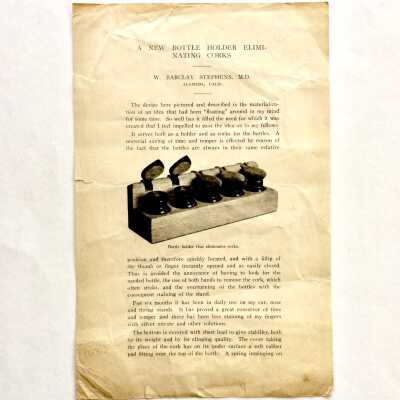 Flyer 'A New Bottle Holder Eliminating Corks', invented by Dr. Stephens, 1927