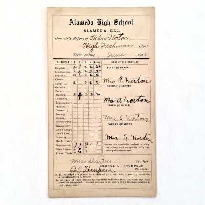 Report card Alameda High School of Helen Norton, 1908