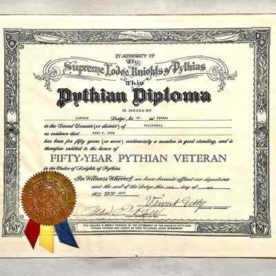 Certificate Knights of Phythias Diploma from Eureka for Fred W. Tye, 1934