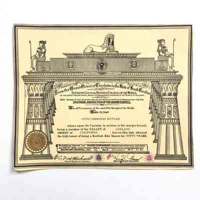 Fifty-year certificate of membership of Otto Rittler as Scottish Rite Mason, 1975
