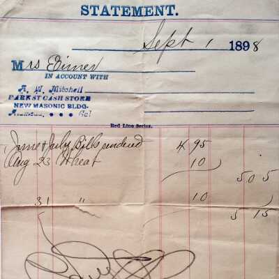 Receipt from A. W. Mitchell, Park Street Cash Store, 1898